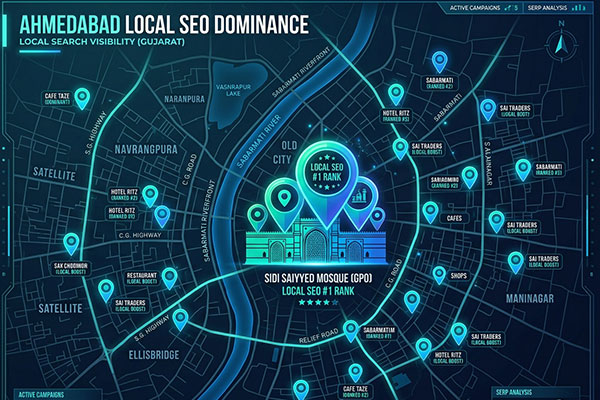 Local SEO services in Ahmedabad showing Google Maps location pins and search optimization